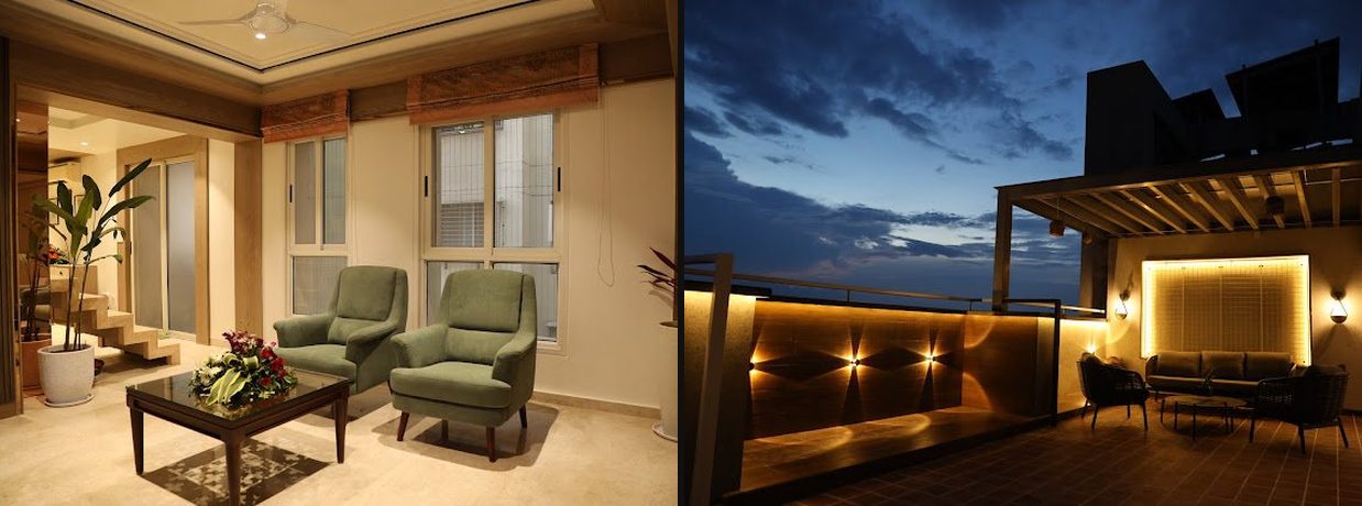 Bhutada House lounge and rooftop terrace