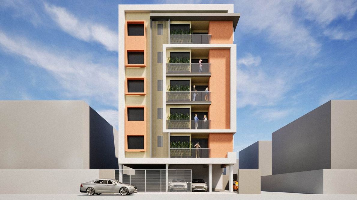 Chaudhari Apartments - Front elevation - stilt parking below, five floors above