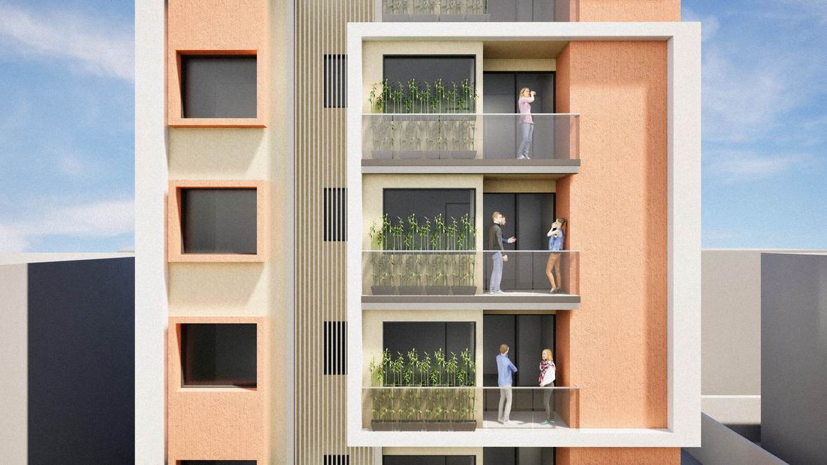 Chaudhari Apartments - Recessed balconies and the material palette up close