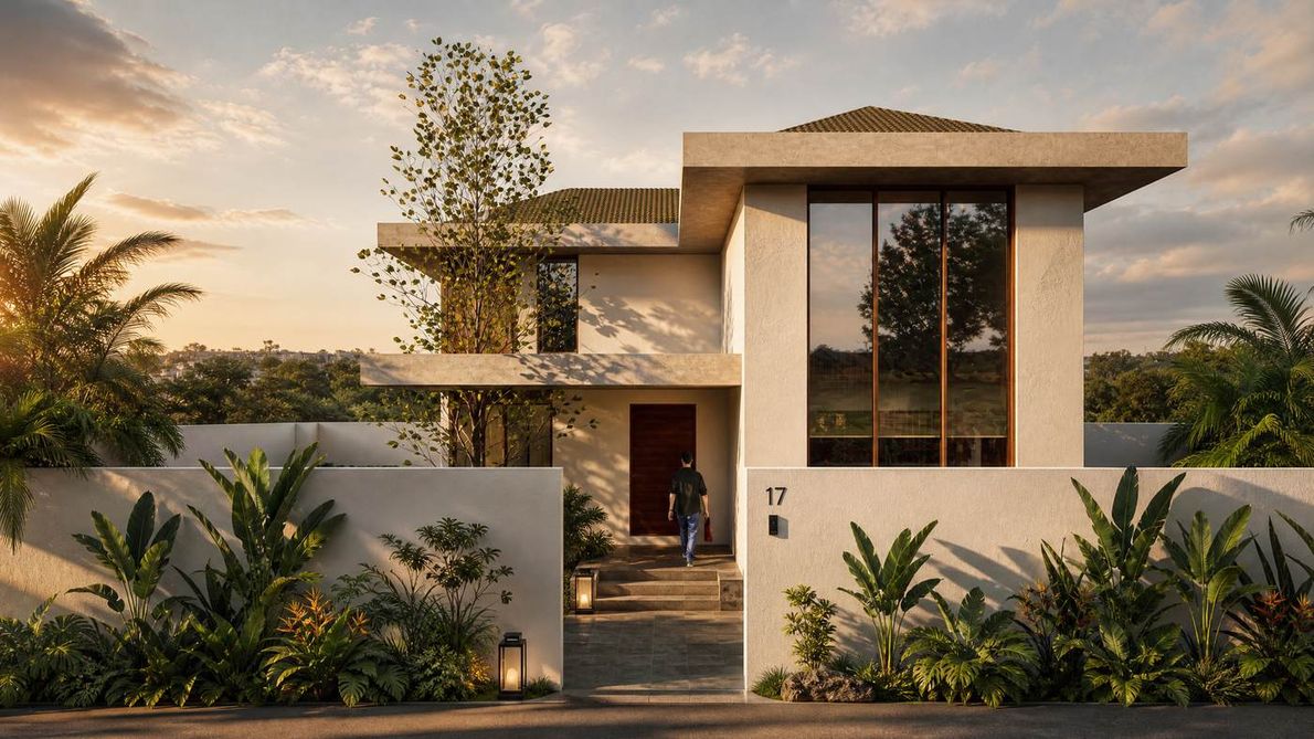 Mantri's Farm House - front elevation at dusk