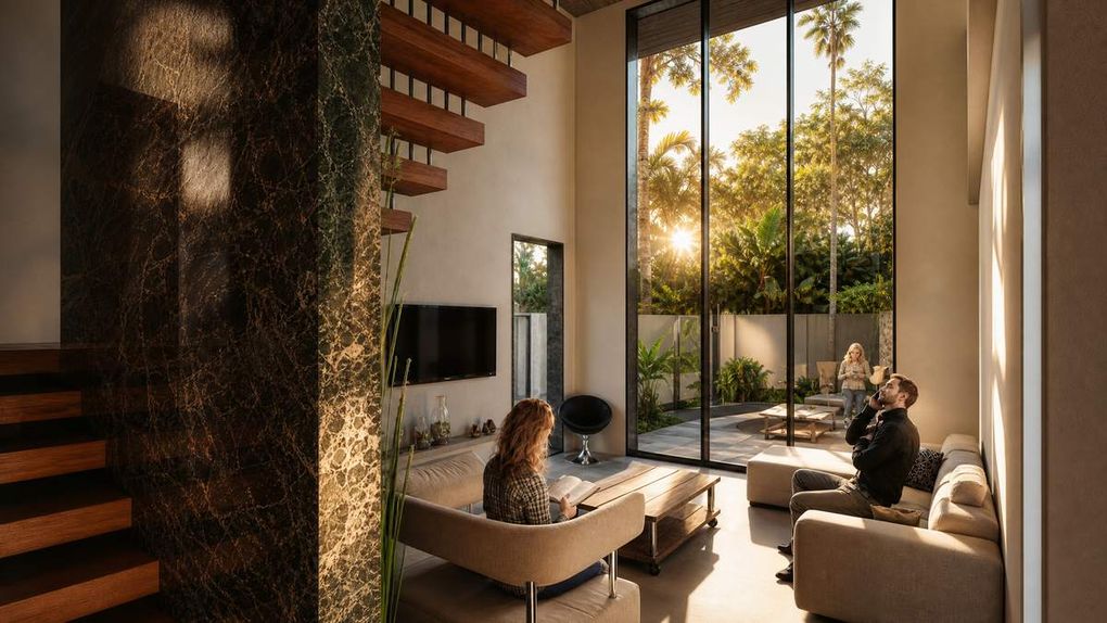 Mantri's Farm House - staircase and double-height living room