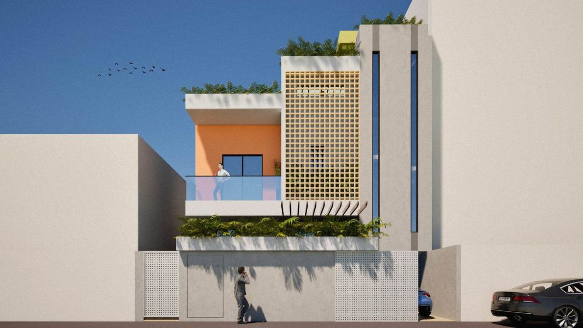 Khanchandani's House - front elevation at dusk