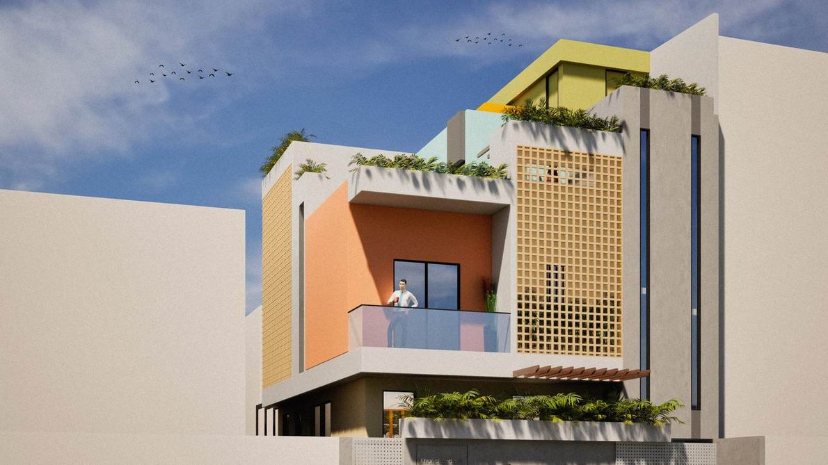 Khanchandani's House - Street front - entry gate and ground floor arrival court, completed