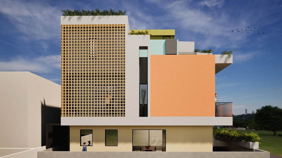 Khanchandani's House - The jaali-wrapped upper volume above the living level