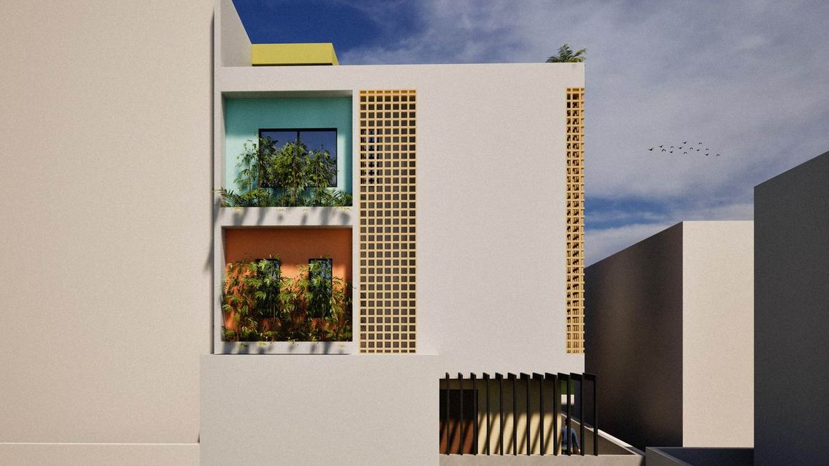 Khanchandani's House - Stacked massing seen from the terrace side, level by level