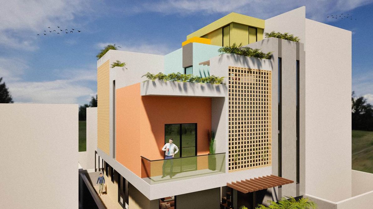 Khanchandani's House - Colour-coded window bays framed by timber jaali strips