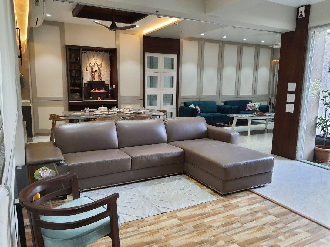 The Kogta House - open dining and living plan with mandir niche
