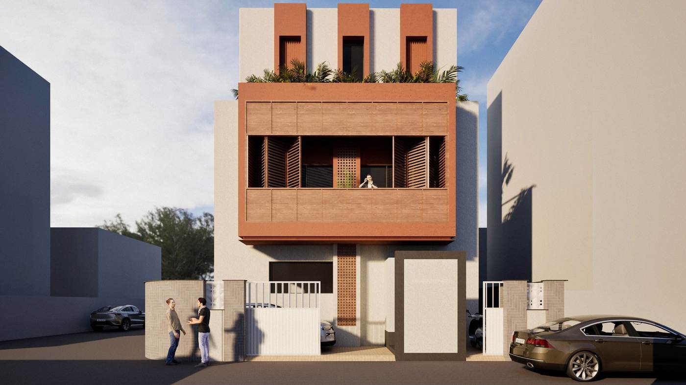 Rane's House - front elevation with cantilevered wooden balcony