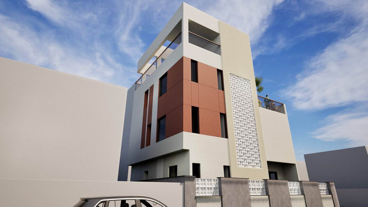 Rane's House - angled view of upper floors and jaali screen