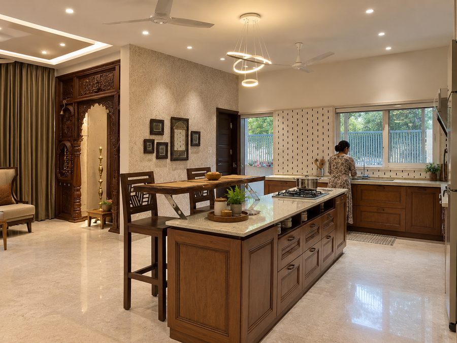 Ruby House kitchen island with wood cabinetry