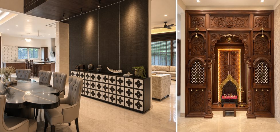 Ruby House dining table and hand-carved mandir